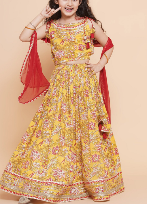 Floral Yellow Mustard Lehenga Kurti set with Red Chunni - Image 5